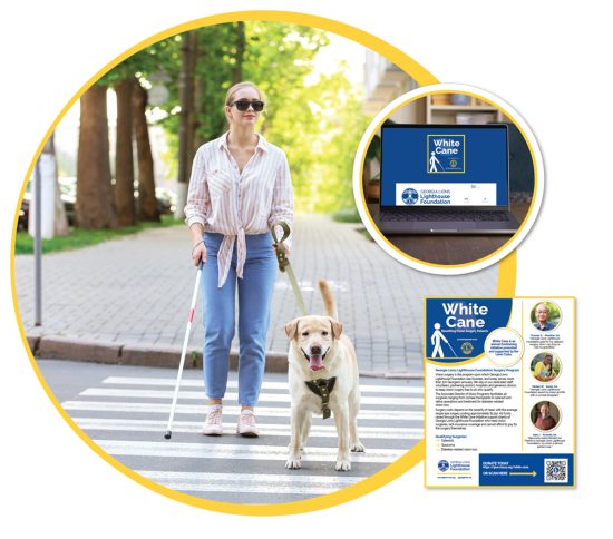 Woman with white cane and guide dog crossing street